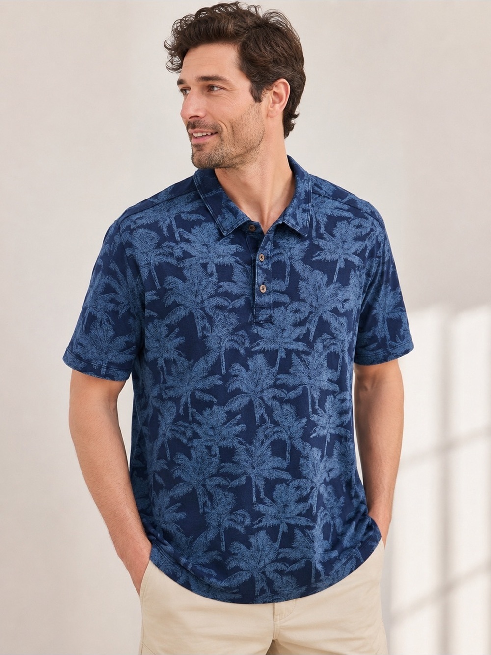 Tommy Bahama Polo Shirt XXL Blue Palm Tree Print 100% Cotton Island Style
